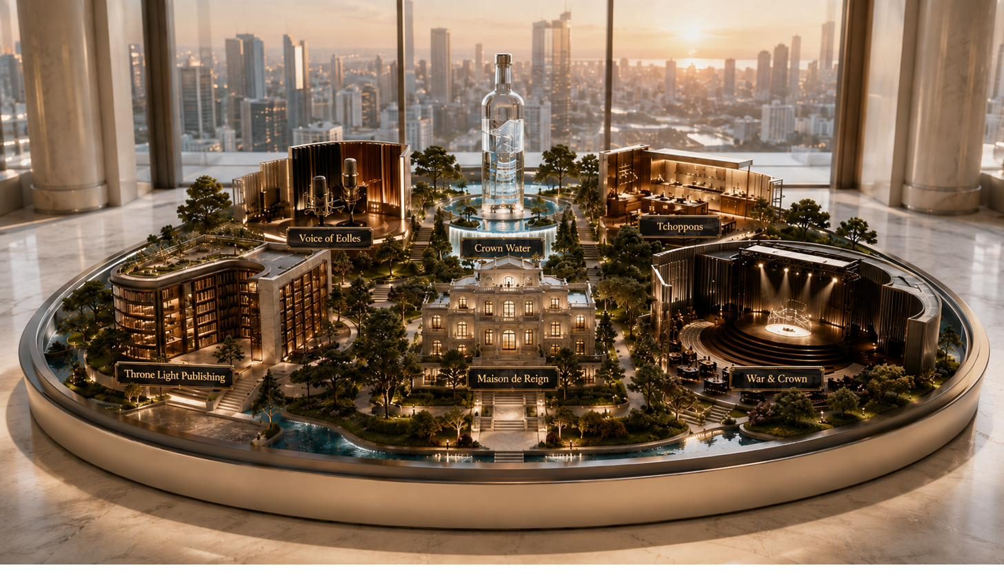 An illuminated architectural model of the Throne Light Universe above a city at golden hour, with its six worlds labelled — Throne Light Publishing, Voice of Eolles, Crown Water, Tchoppons, Maison de Reign, and War & Crown.